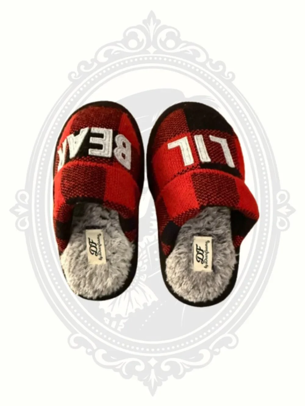 🐻Dearfoams Lil Bear Buffalo Plaid Plush House Slippers Kids US 11-12 Red Black